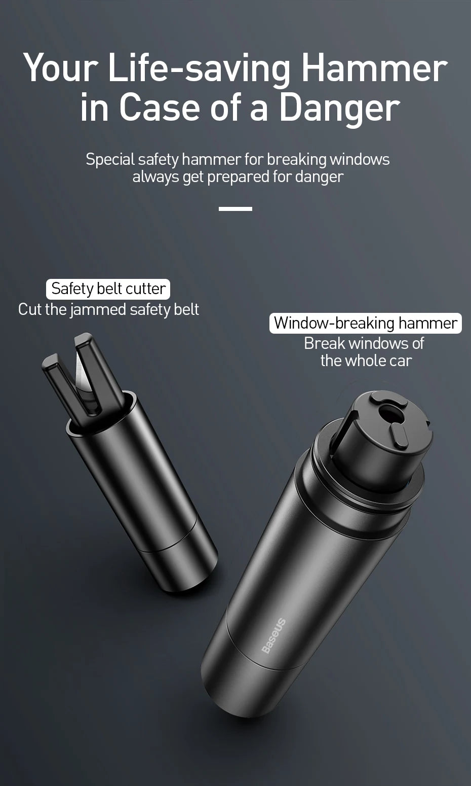 Baseus Car Safety Hammer Auto Emergency Glass Window Breaker Seat Belt Cutter Life-Saving Escape Car Emergency Tool Prêt Pour L'été